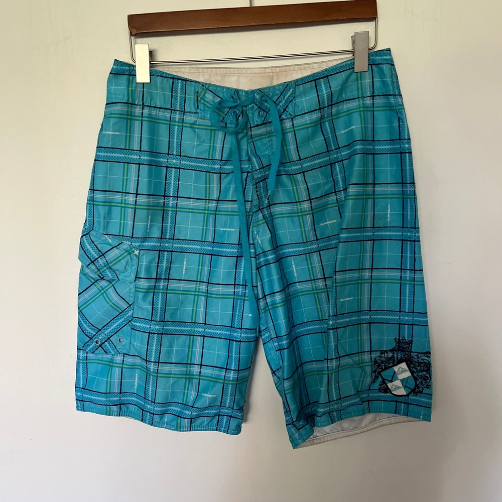 Quiksilver Mens Plaid Board Shorts Blue Turquoise Cargo Pocket Size 32 Surf